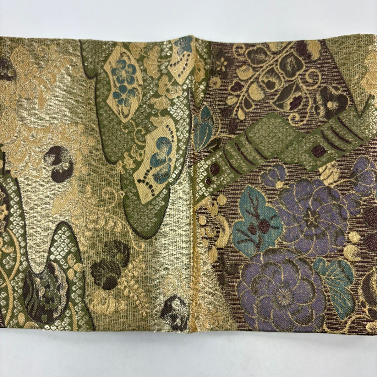 【美品】 袋帶 名品級 草花紋紋 扇子面 金糸 金茶 六通 純蠶絲