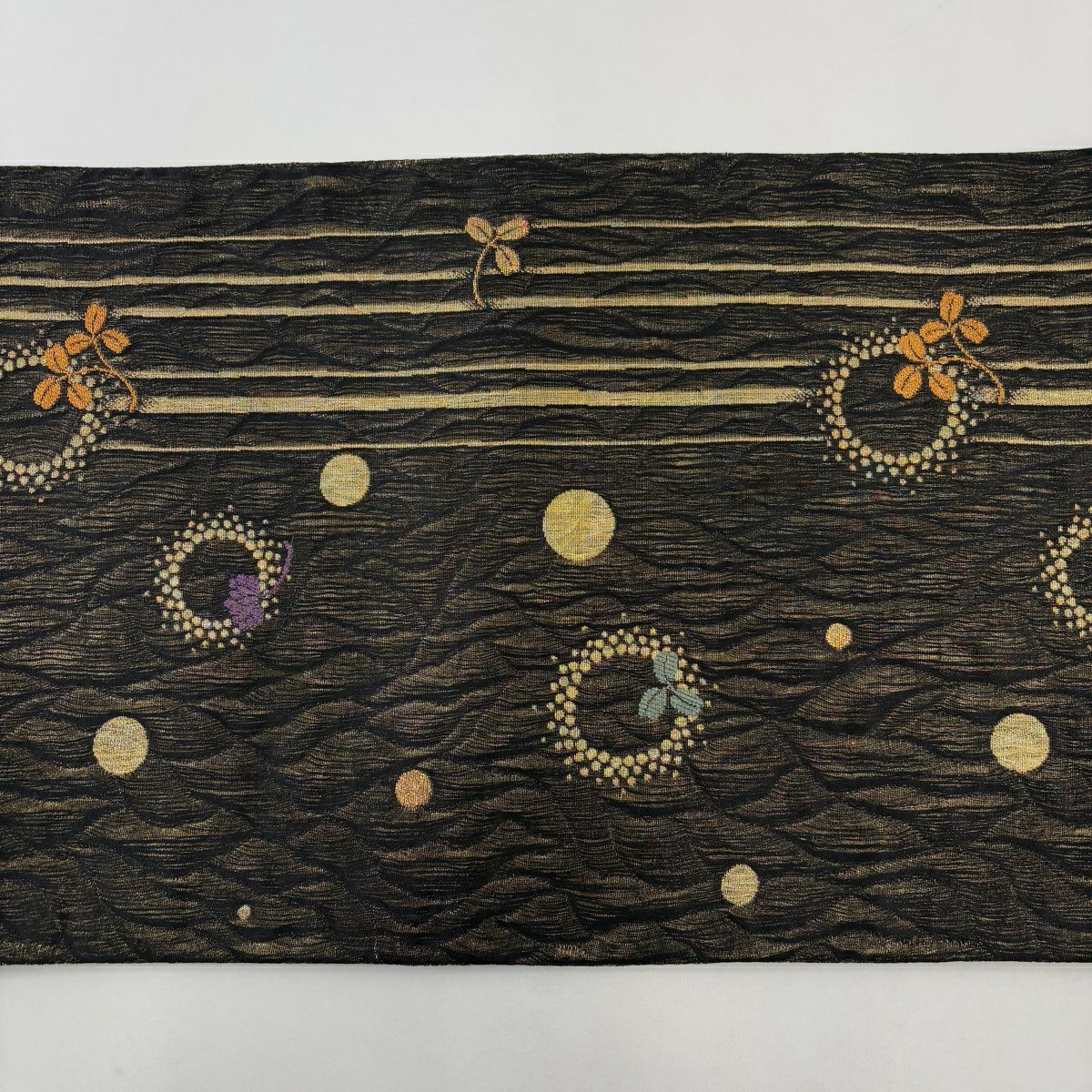 【美品】 袋帶 名品級 萩 圓文 金絲 黑 六通 純蠶絲
