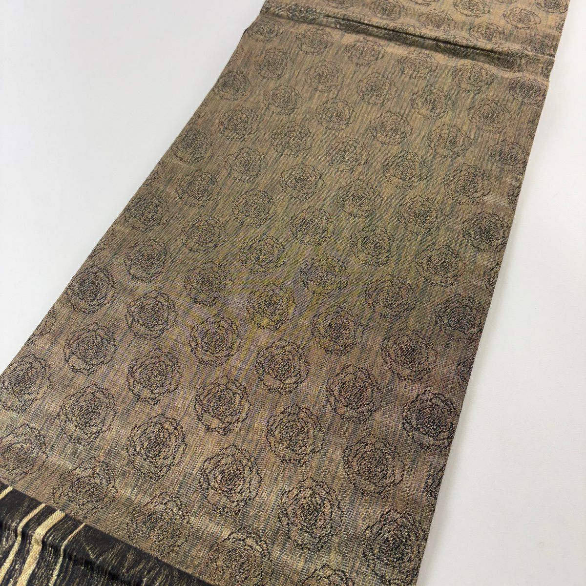 【美品】 袋帶 名品級 萩 圓文 金絲 黑 六通 純蠶絲