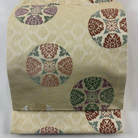 袋帶 名品級 浮線綾紋樣 米色 六通 純蠶絲