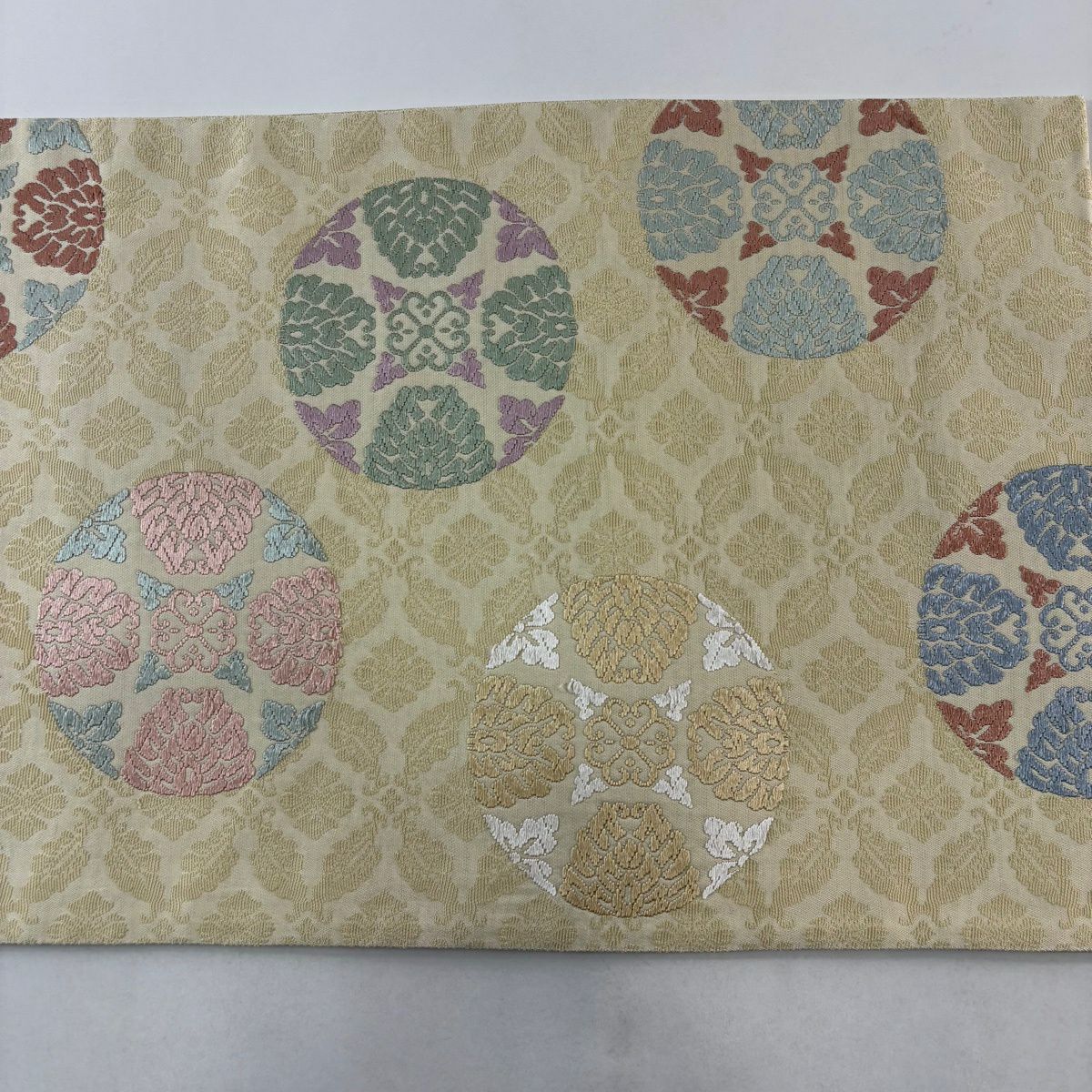 袋帶 名品級 浮線綾紋樣 米色 六通 純蠶絲