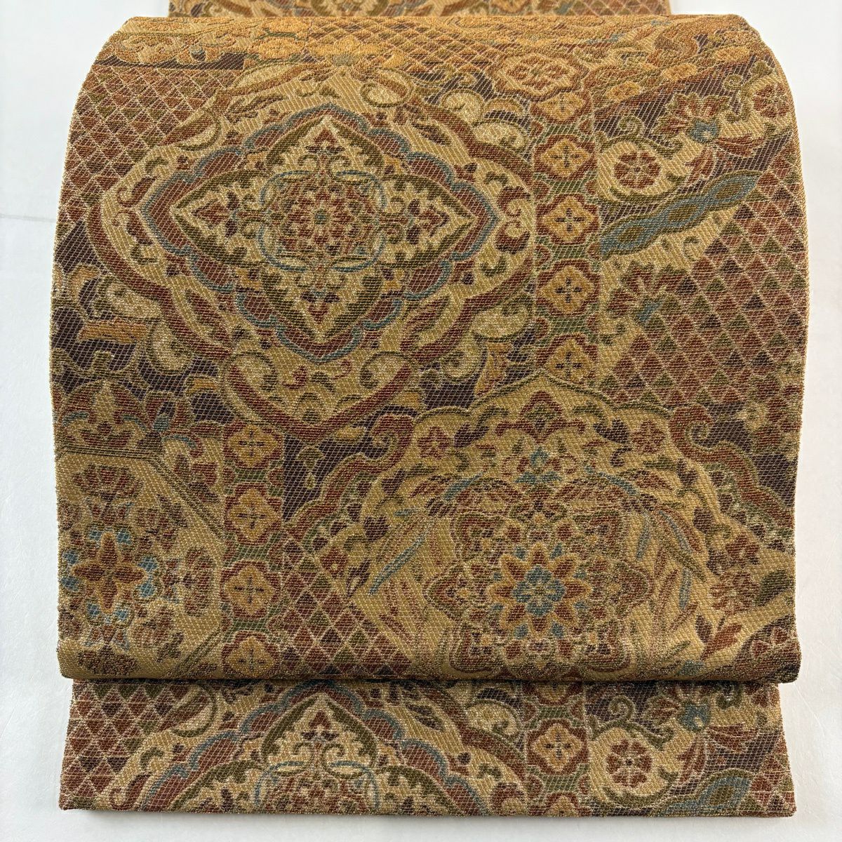 【美品】 袋帶 名品級 華紋 花鳥 金絲 茶 六通 純蠶絲