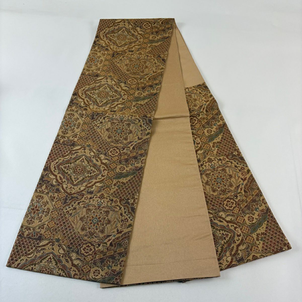 【美品】 袋帶 名品級 華紋 花鳥 金絲 茶 六通 純蠶絲