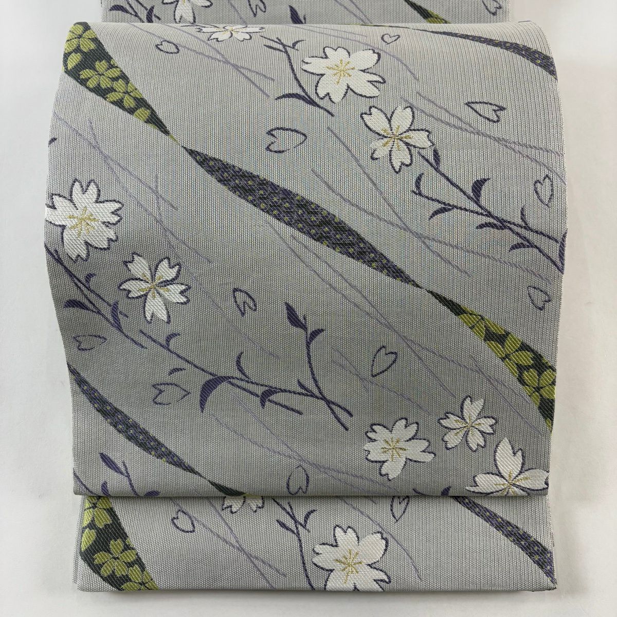 【美品】 袋帶 名品級 樱花花瓣 金銀絲 灰色 六通 純蠶絲