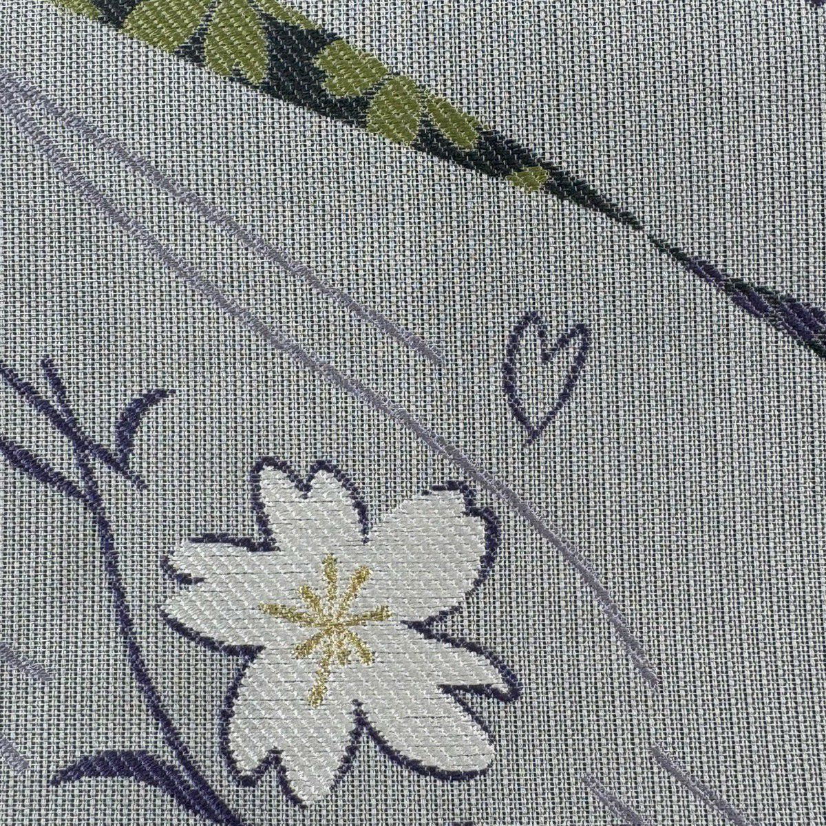 【美品】 袋帶 名品級 樱花花瓣 金銀絲 灰色 六通 純蠶絲