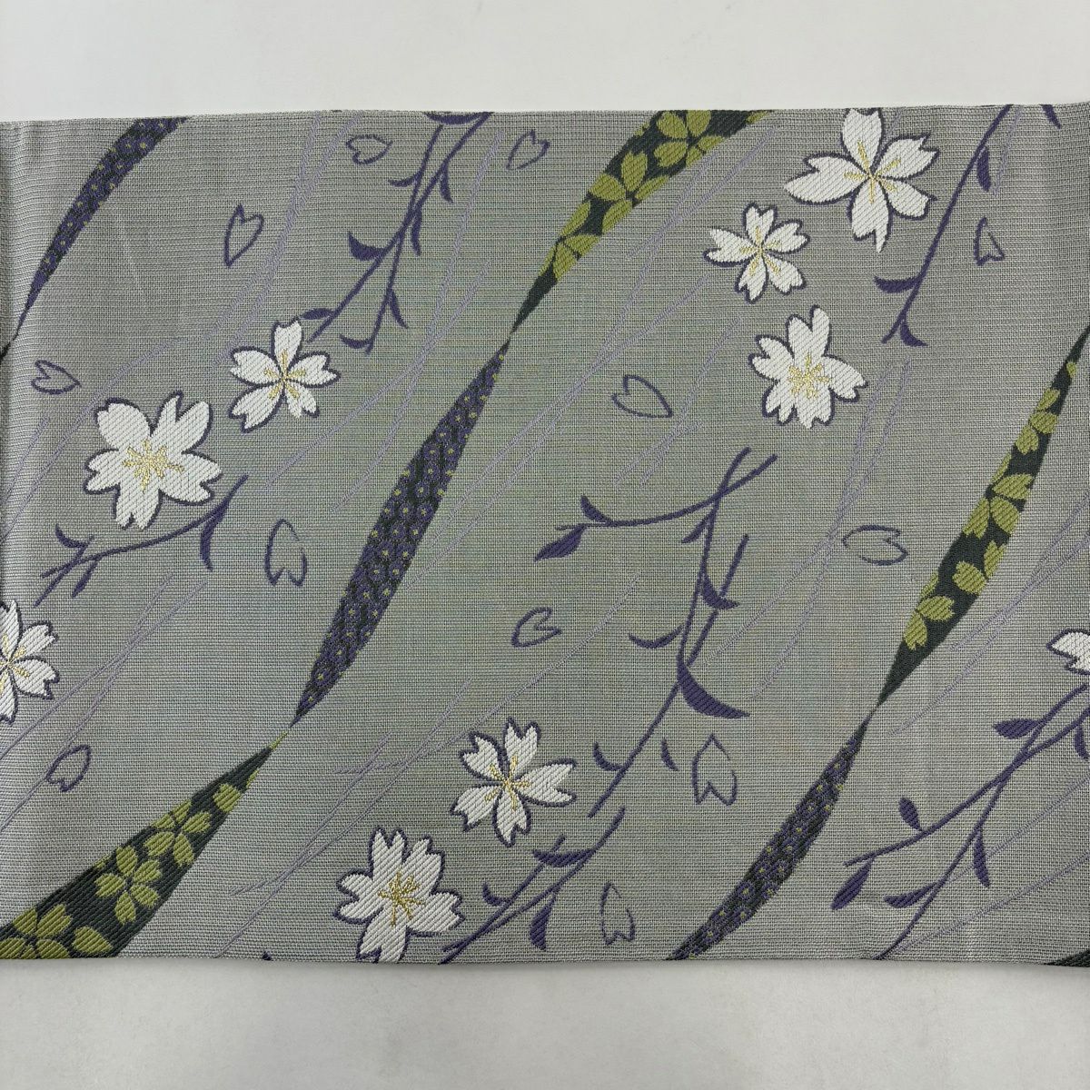 【美品】 袋帶 名品級 樱花花瓣 金銀絲 灰色 六通 純蠶絲