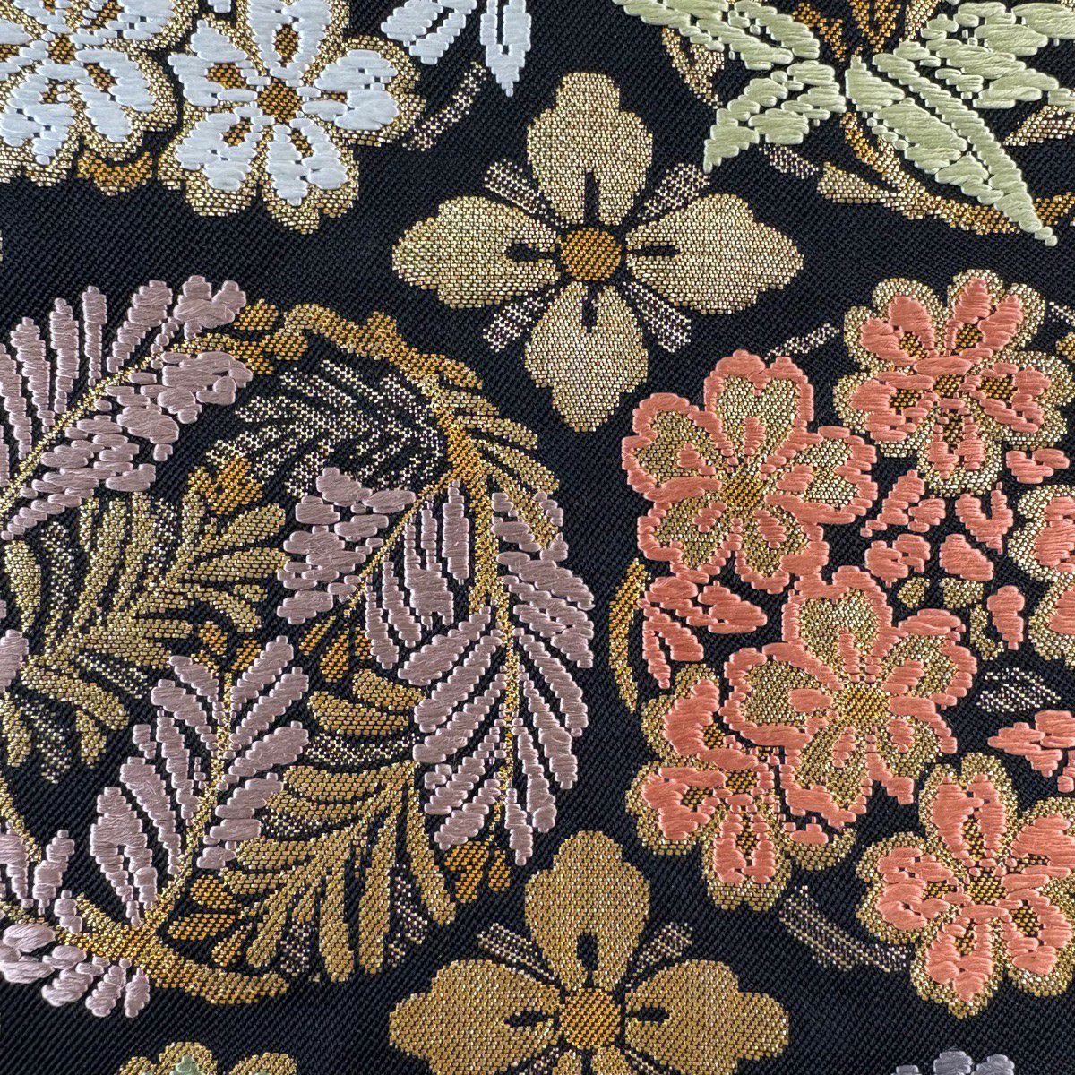 【美品】 袋帶 名品級 證書附帶 花丸紋 金金箔 唐織 黑 六通 純蠶絲
