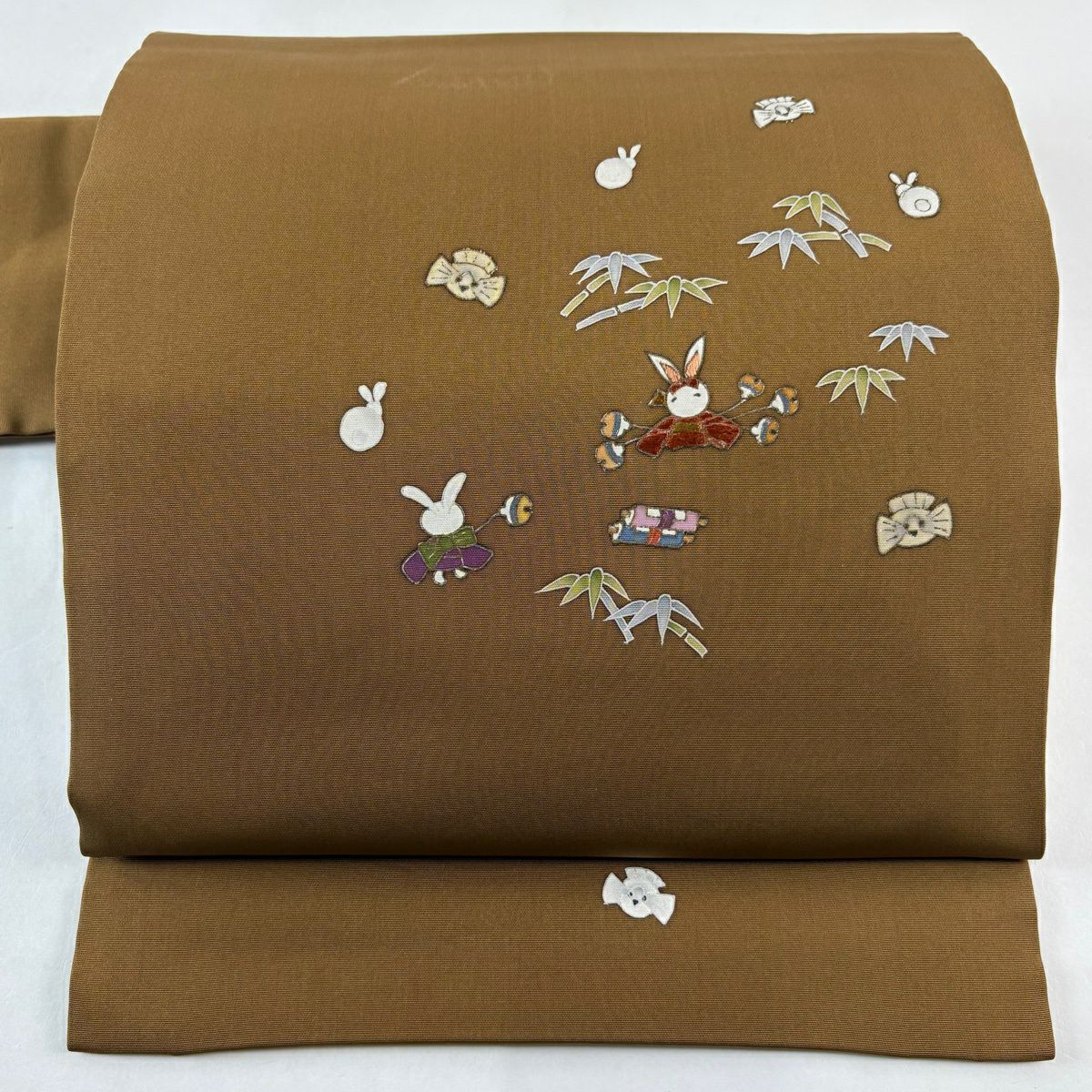 名古屋帶 名品級 兔子 竹子子 刺繡 金彩裝飾 茶 純蠶絲