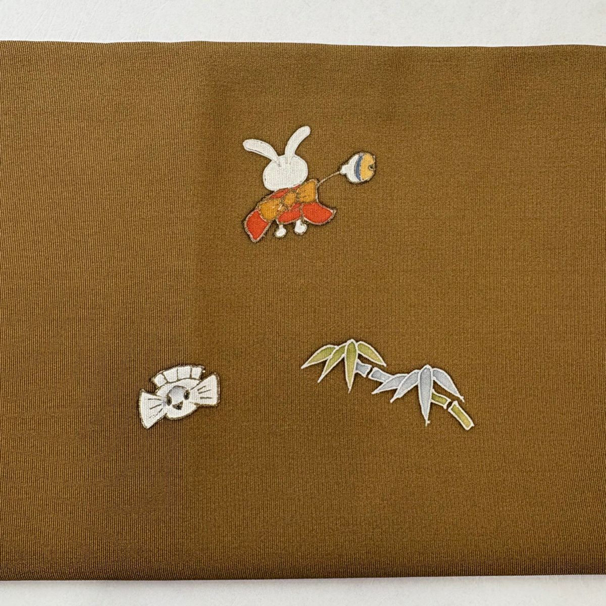 名古屋帶 名品級 兔子 竹子子 刺繡 金彩裝飾 茶 純蠶絲