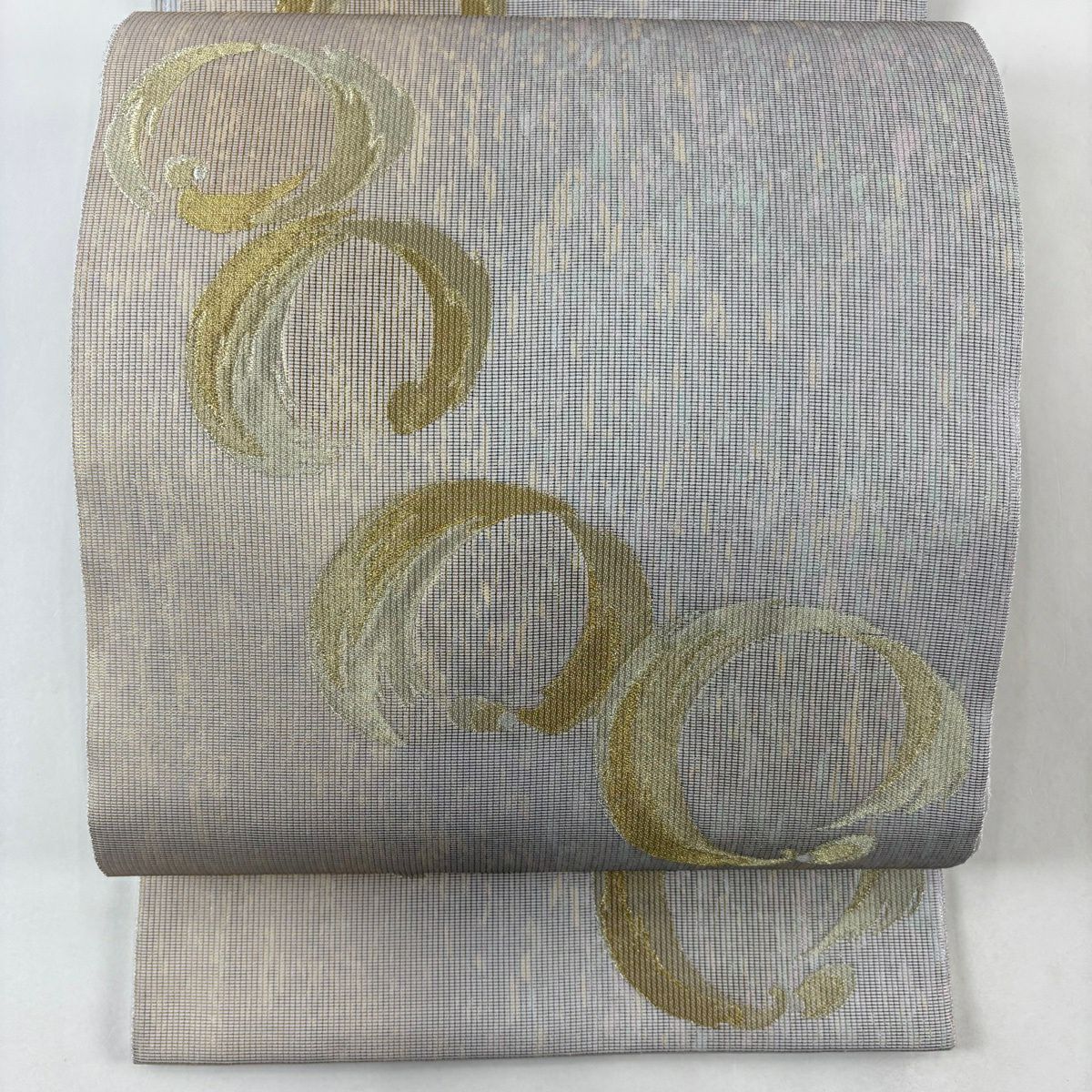 【美品】 袋帶 名品級 夏帶 縱絽 輪 金銀糸 金金箔 灰色 六通 純蠶絲