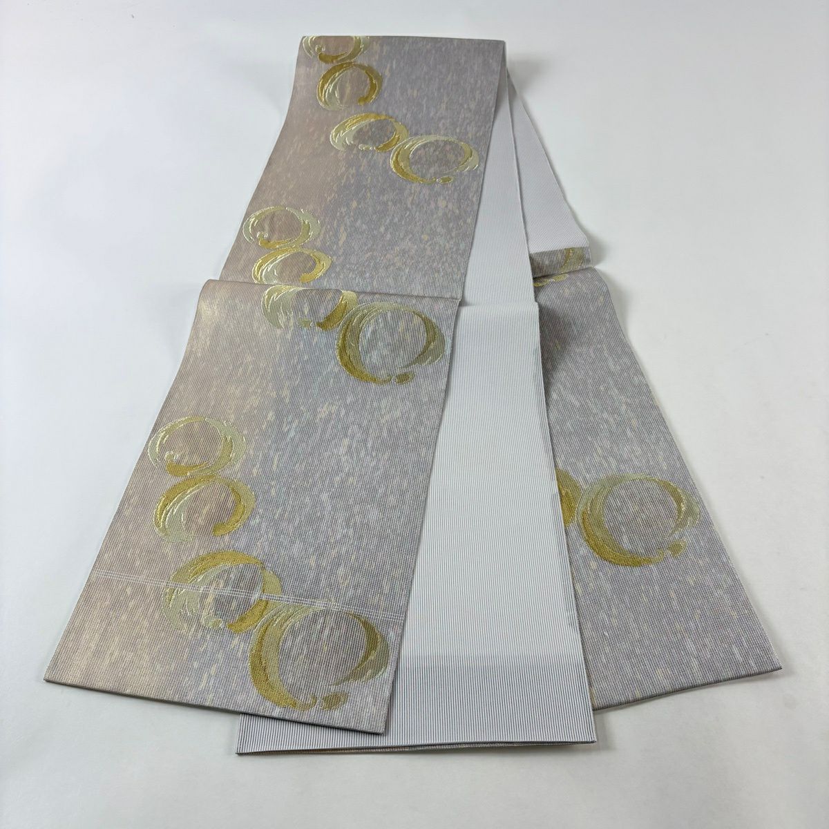 【美品】 袋帶 名品級 夏帶 縱絽 輪 金銀糸 金金箔 灰色 六通 純蠶絲