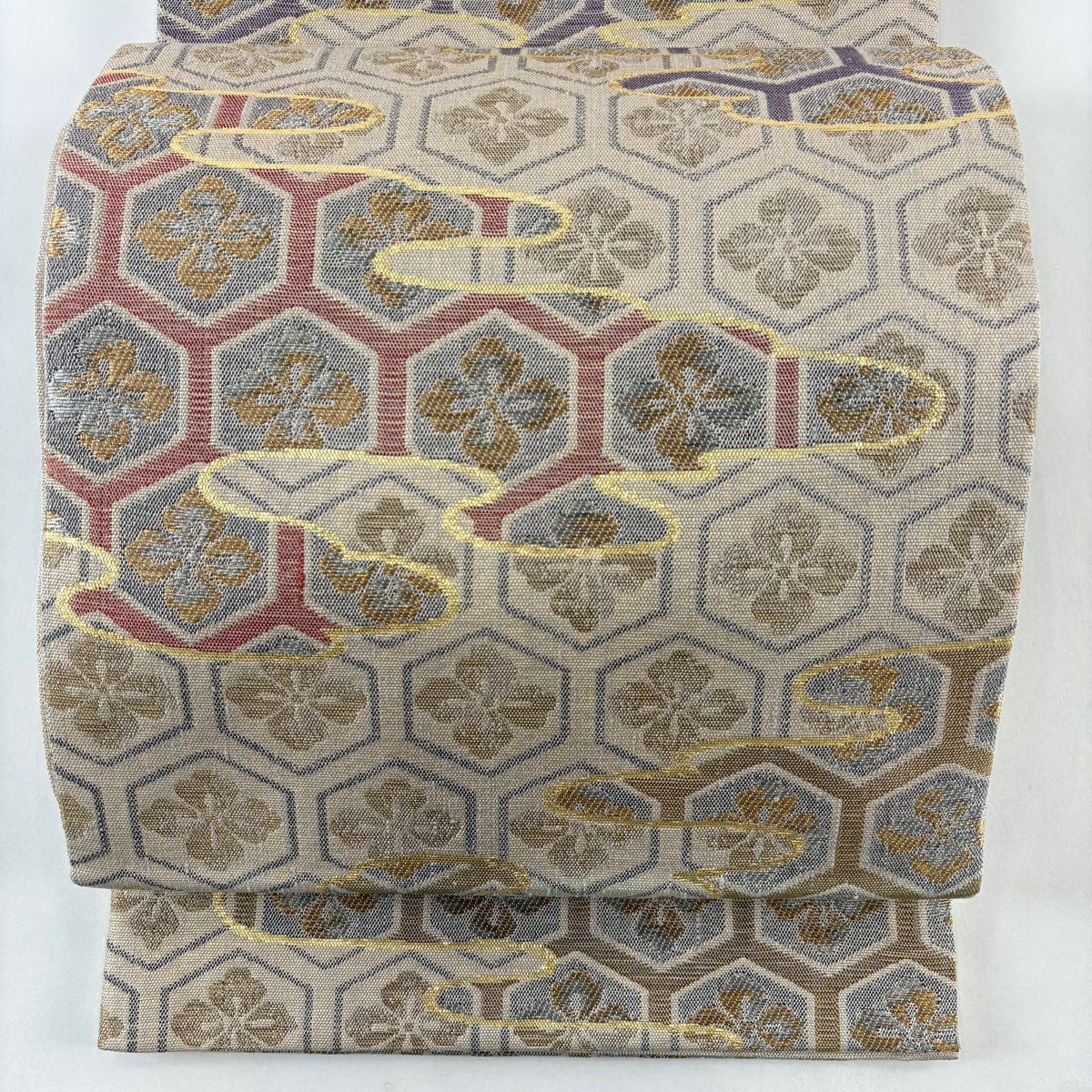 【美品】 袋帶 名品級 龜甲 霞 金銀彩 金金箔 淺茶 六通 純蠶絲