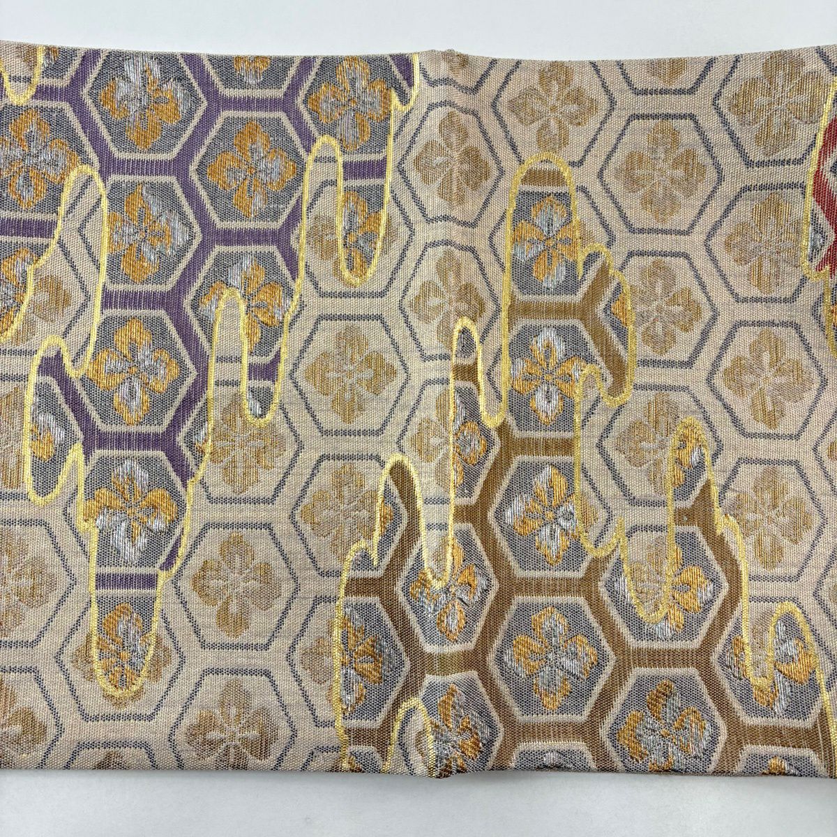 【美品】 袋帶 名品級 龜甲 霞 金銀彩 金金箔 淺茶 六通 純蠶絲