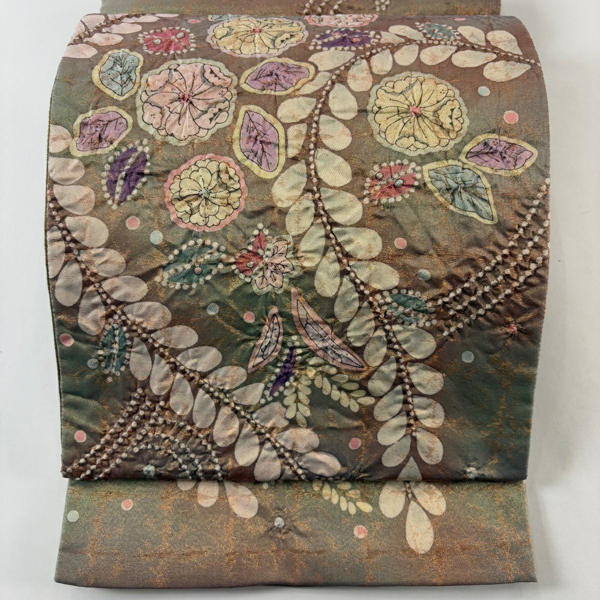 【美品】 袋帶 名品級 落款あり 辻花染 金通 灰綠 お太鼓柄 純蠶絲