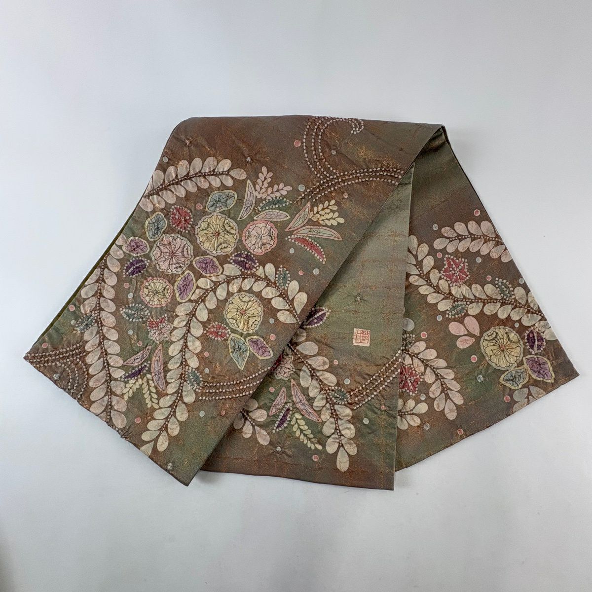【美品】 袋帶 名品級 落款あり 辻花染 金通 灰綠 お太鼓柄 純蠶絲