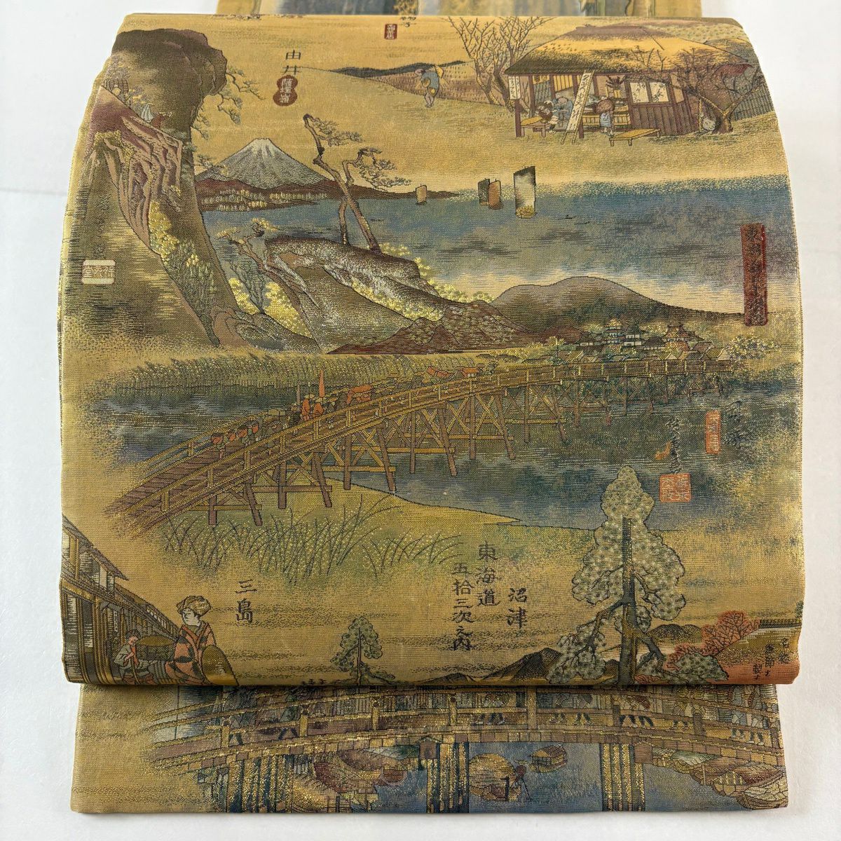 【美品】 袋帶 名品級 東海道五拾三次 金絲 金金箔 金色 大鼓圖案 純蠶絲