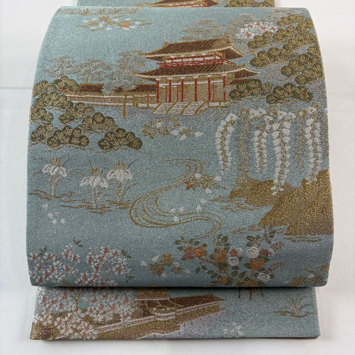 【美品】 袋帶 名品級 建築 松樹 金絲 金金箔 水藍 六通 純蠶絲