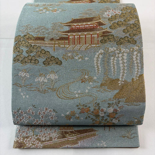 【美品】 袋帶 名品級 建築 松樹 金絲 金金箔 水藍 六通 純蠶絲