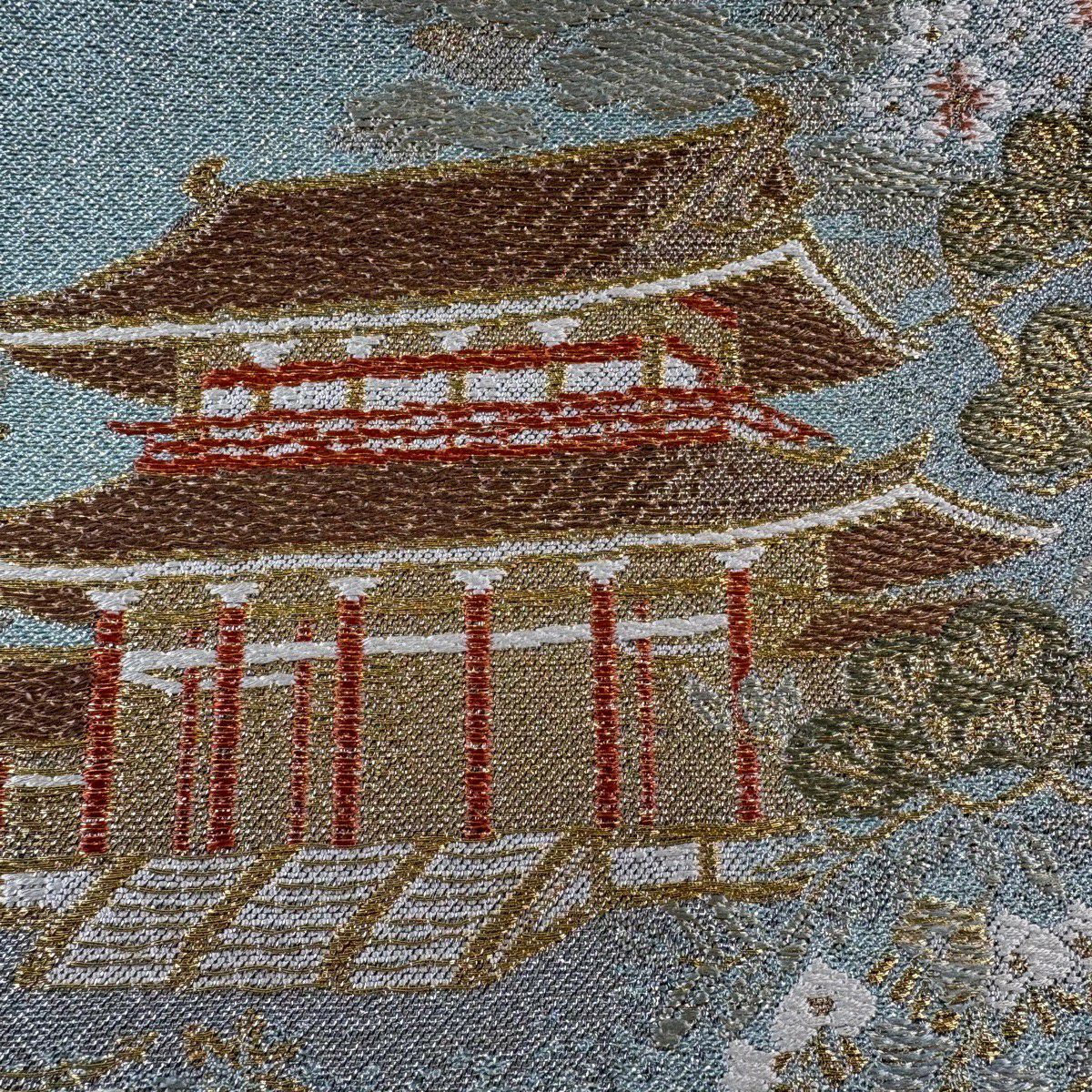 【美品】 袋帶 名品級 建築 松樹 金絲 金金箔 水藍 六通 純蠶絲