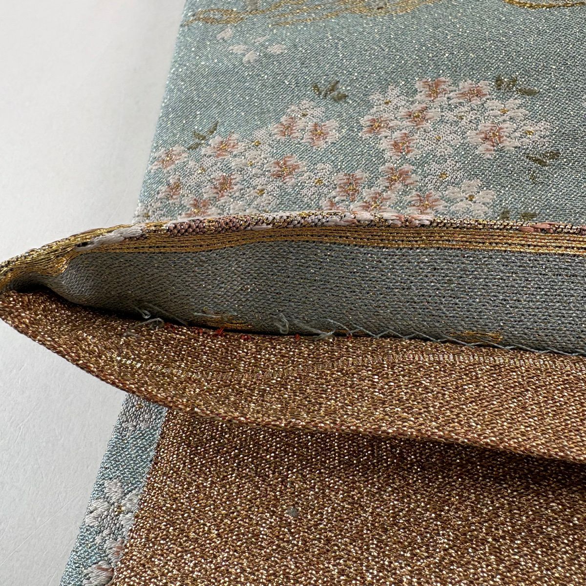 【美品】 袋帶 名品級 建築 松樹 金絲 金金箔 水藍 六通 純蠶絲