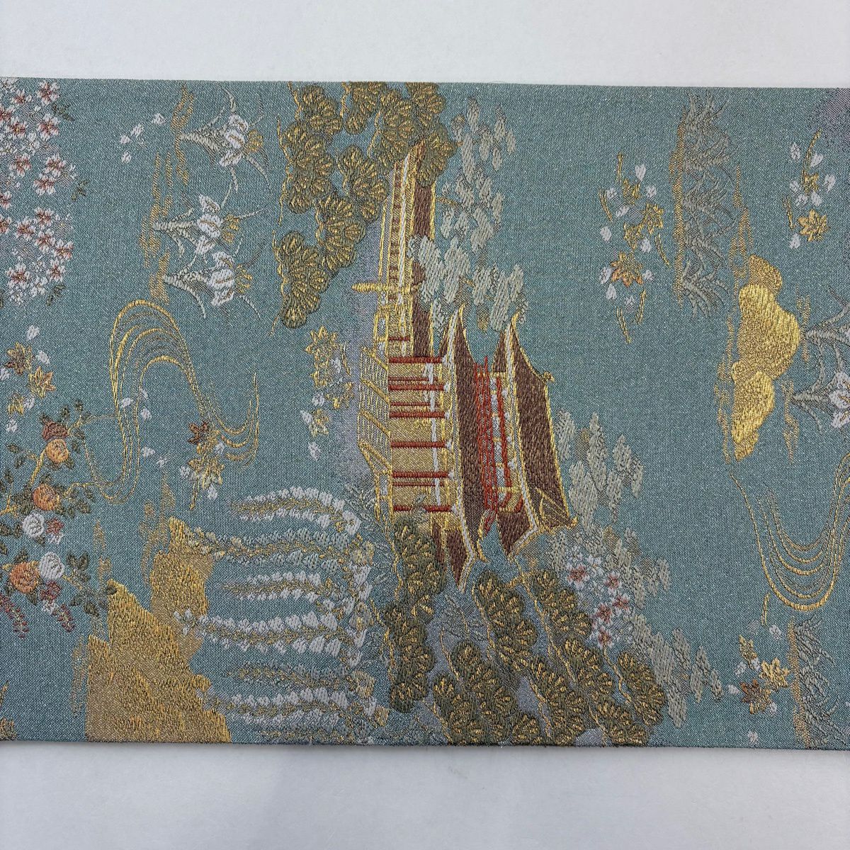 【美品】 袋帶 名品級 建築 松樹 金絲 金金箔 水藍 六通 純蠶絲