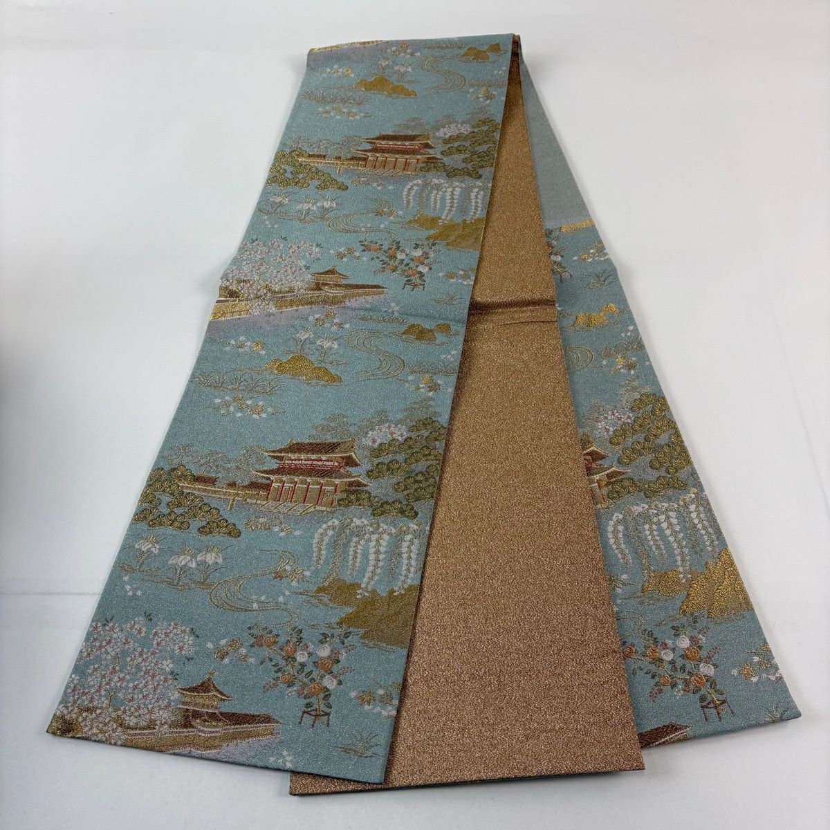 【美品】 袋帶 名品級 建築 松樹 金絲 金金箔 水藍 六通 純蠶絲