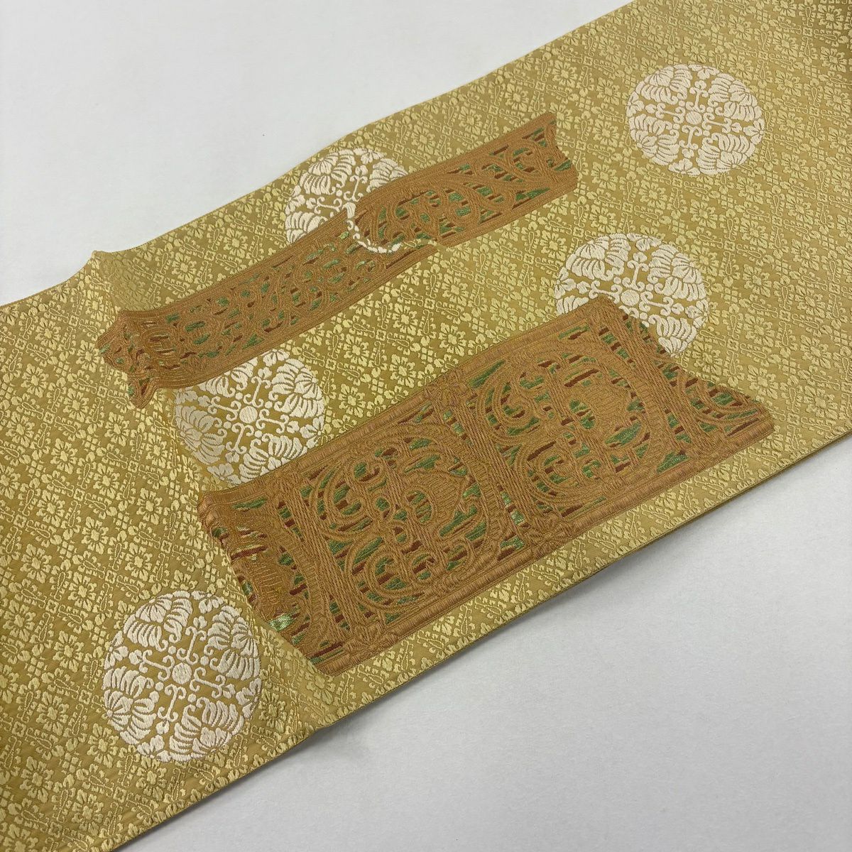 袋帶 名品級 華紋 花唐草紋 唐織 金金箔 米色 大鼓圖案 純蠶絲