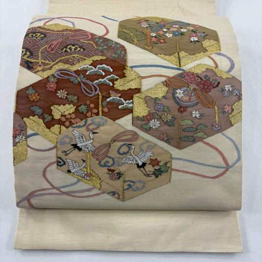 袋帶 名品級 紬織織 文箱 仙鶴 金絲 米色 大鼓圖案 純蠶絲