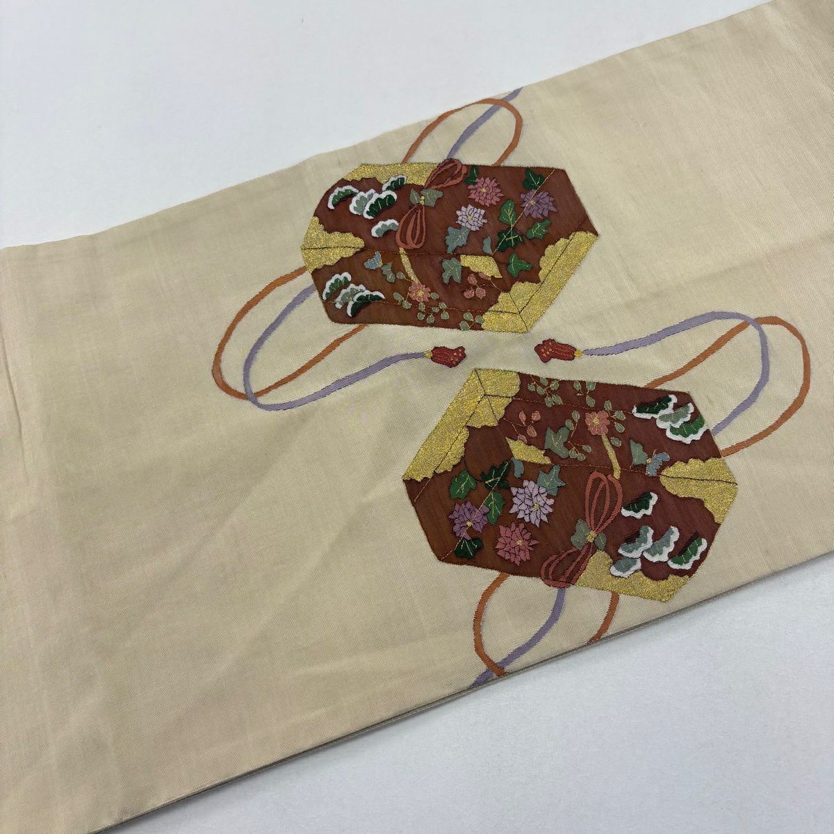袋帶 名品級 紬織織 文箱 仙鶴 金絲 米色 大鼓圖案 純蠶絲