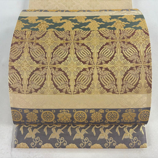 【美品】 袋帶 名品級 名物裂全通圖案 花鳥 七寶 金金箔 米色 全通 純蠶絲