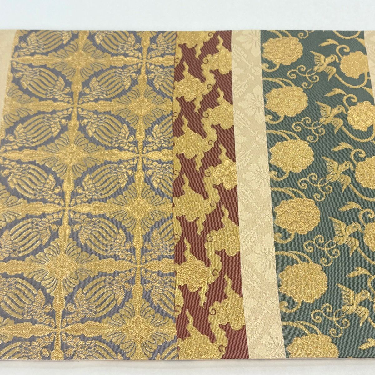 【美品】 袋帶 名品級 名物裂全通圖案 花鳥 七寶 金金箔 米色 全通 純蠶絲