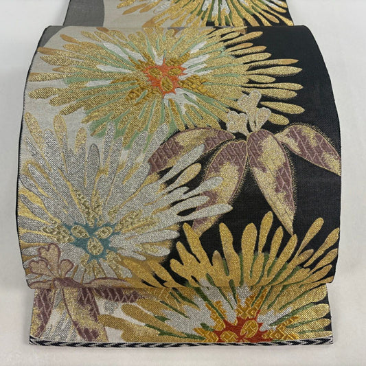 袋帶 名品級 草花紋紋 笹 金金箔 唐織 黑 六通 純蠶絲