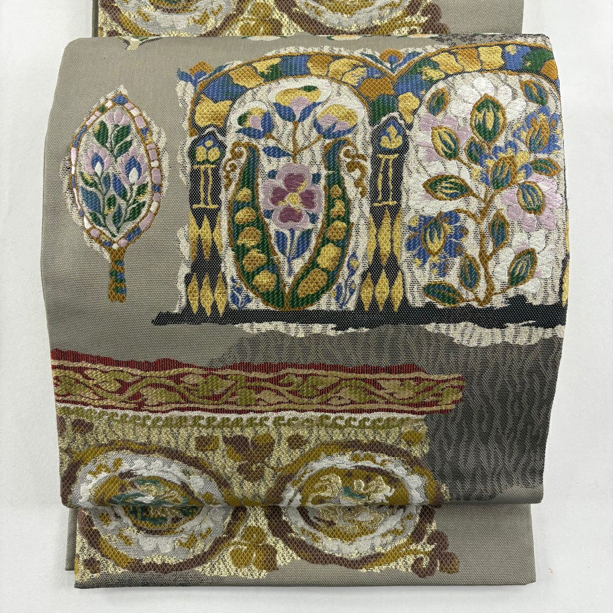 【美品】 袋帶 名品級 草花紋 樹木 刺繡 金銀彩 灰色 六通 純蠶絲