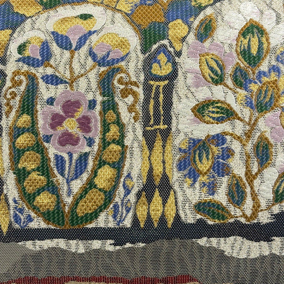 【美品】 袋帶 名品級 草花紋 樹木 刺繡 金銀彩 灰色 六通 純蠶絲