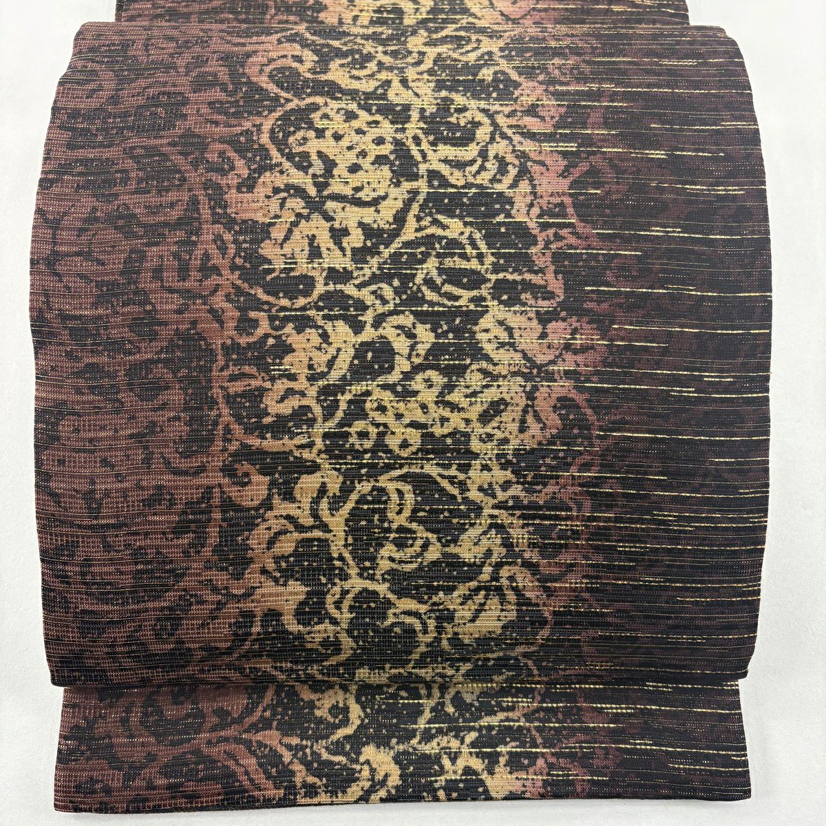 【美品】 袋帶 名品級 花唐草紋 縞 金金箔 金絲 紅茶 大鼓圖案 純蠶絲