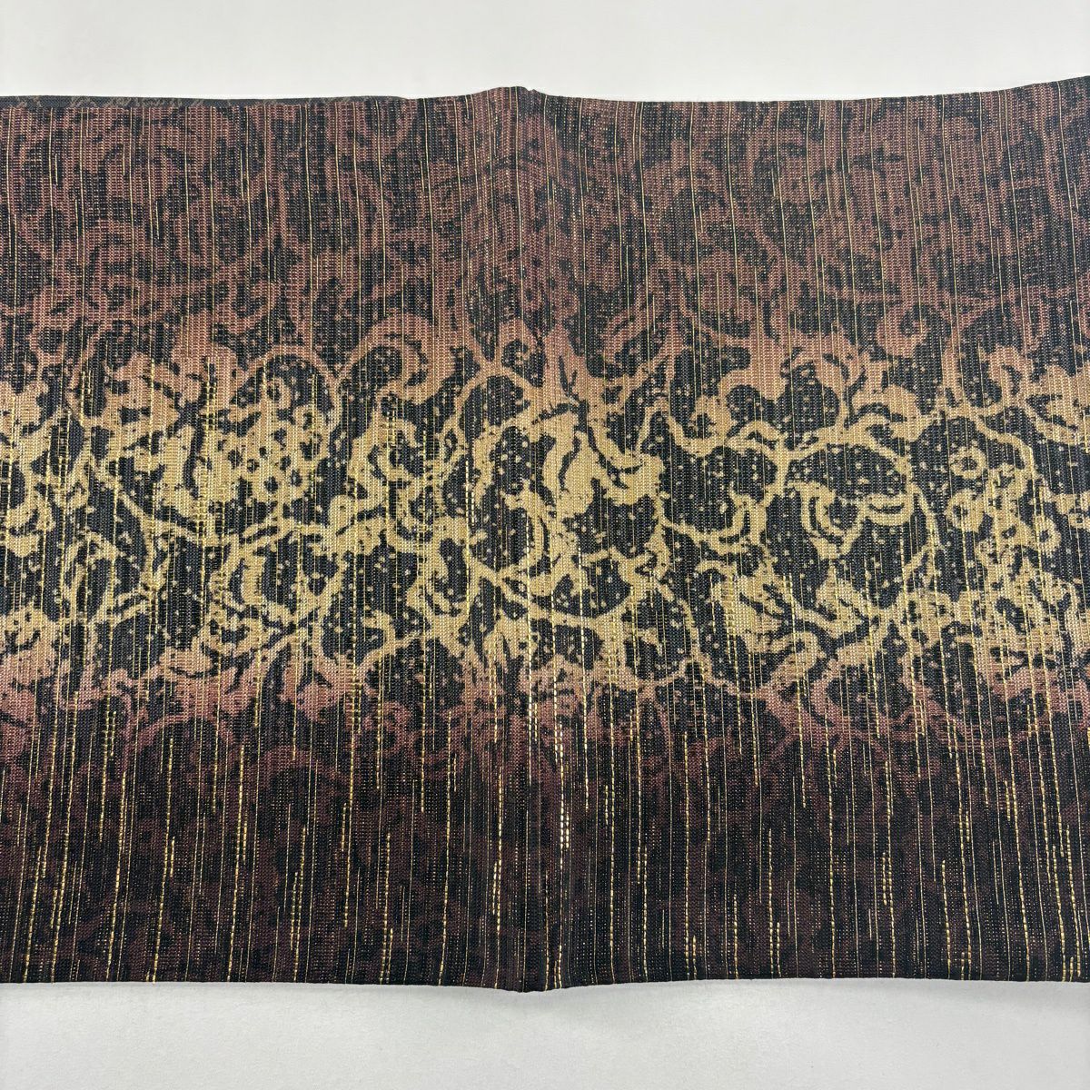 【美品】 袋帶 名品級 花唐草紋 縞 金金箔 金絲 紅茶 大鼓圖案 純蠶絲