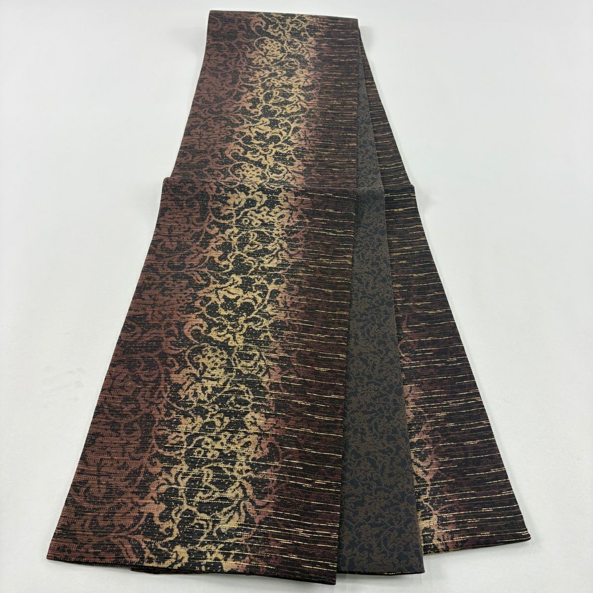 【美品】 袋帶 名品級 花唐草紋 縞 金金箔 金絲 紅茶 大鼓圖案 純蠶絲