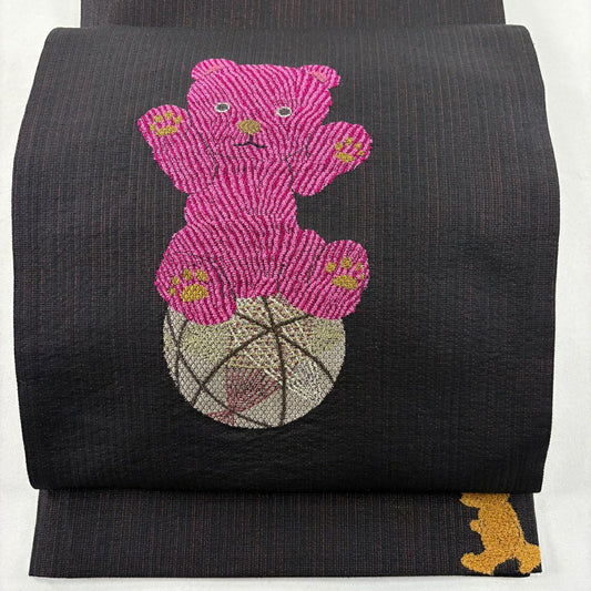 【美品】 袋帶 名品級 夏帶 熊 筋斗雲 刺繡 黑 お太鼓圖案 純蠶絲