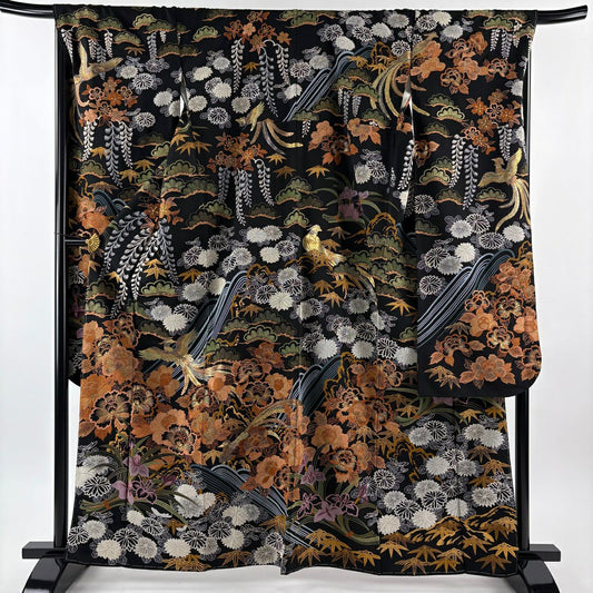 【美品】振袖禮服 身長163cm 袖長69cm L 雙層 落款あり 牡丹 鳳凰 相良刺繡 金糸 黑 純蠶絲 逸品級