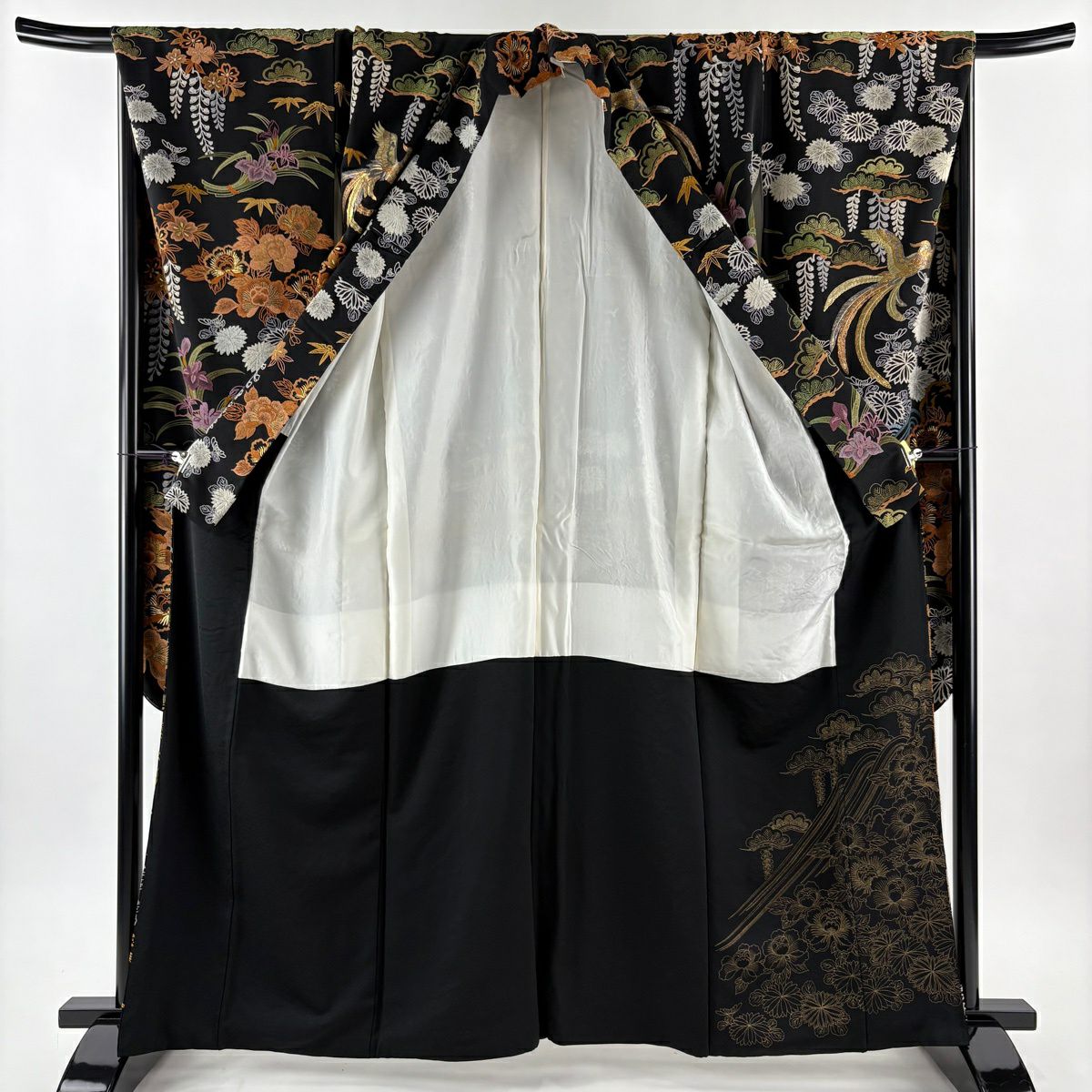 【美品】振袖禮服 身長163cm 袖長69cm L 雙層 落款あり 牡丹 鳳凰 相良刺繡 金糸 黑 純蠶絲 逸品級
