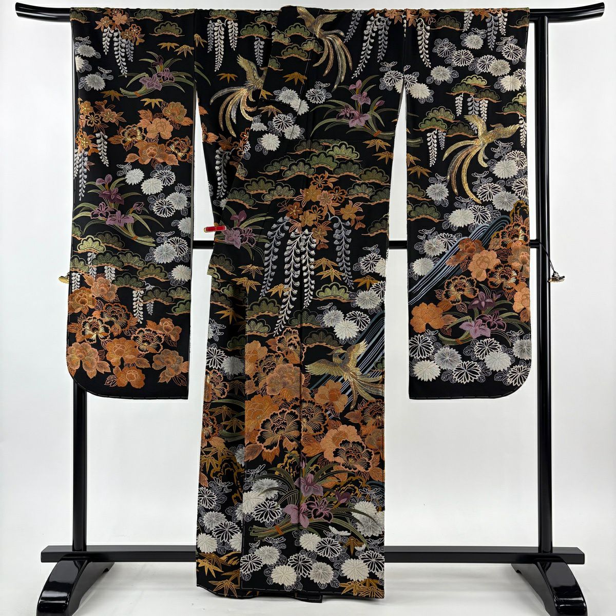 【美品】振袖禮服 身長163cm 袖長69cm L 雙層 落款あり 牡丹 鳳凰 相良刺繡 金糸 黑 純蠶絲 逸品級