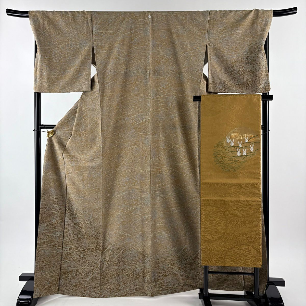 【美品】 付下 身長168cm 袖長68.5cm L 雙層 袋帶名古屋帶套裝 葉紋 幾何圖案 漸層 黃土色 純蠶絲 優品級 一個紋