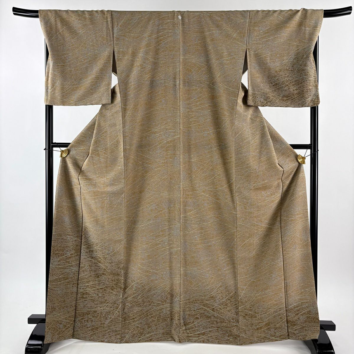 【美品】 付下 身長168cm 袖長68.5cm L 雙層 袋帶名古屋帶套裝 葉紋 幾何圖案 漸層 黃土色 純蠶絲 優品級 一個紋