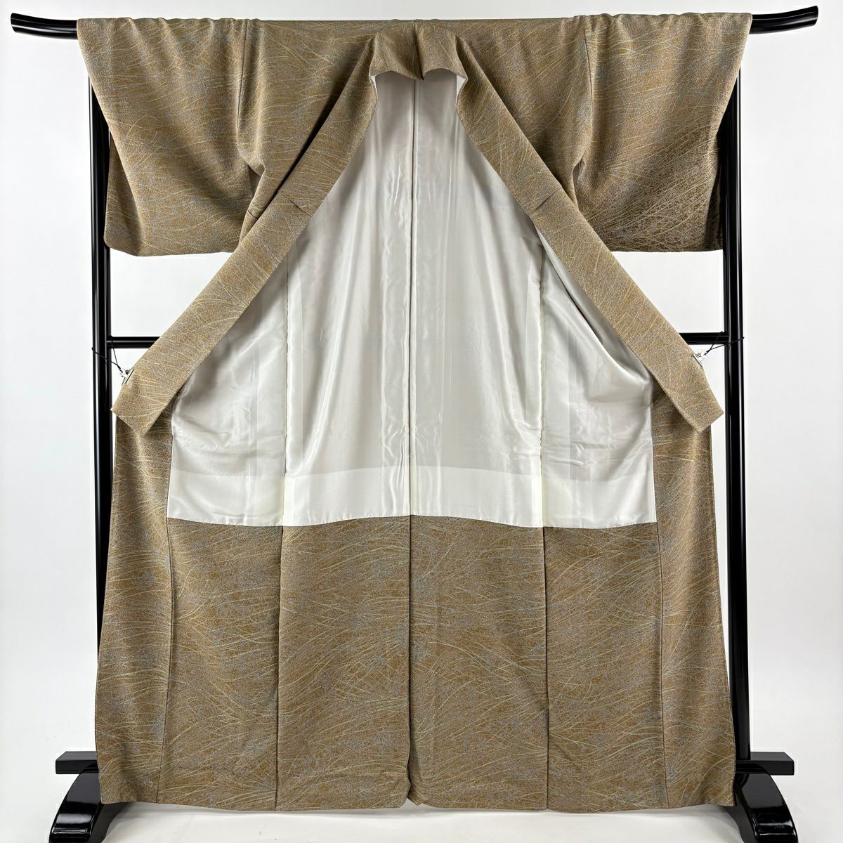 【美品】 付下 身長168cm 袖長68.5cm L 雙層 袋帶名古屋帶套裝 葉紋 幾何圖案 漸層 黃土色 純蠶絲 優品級 一個紋