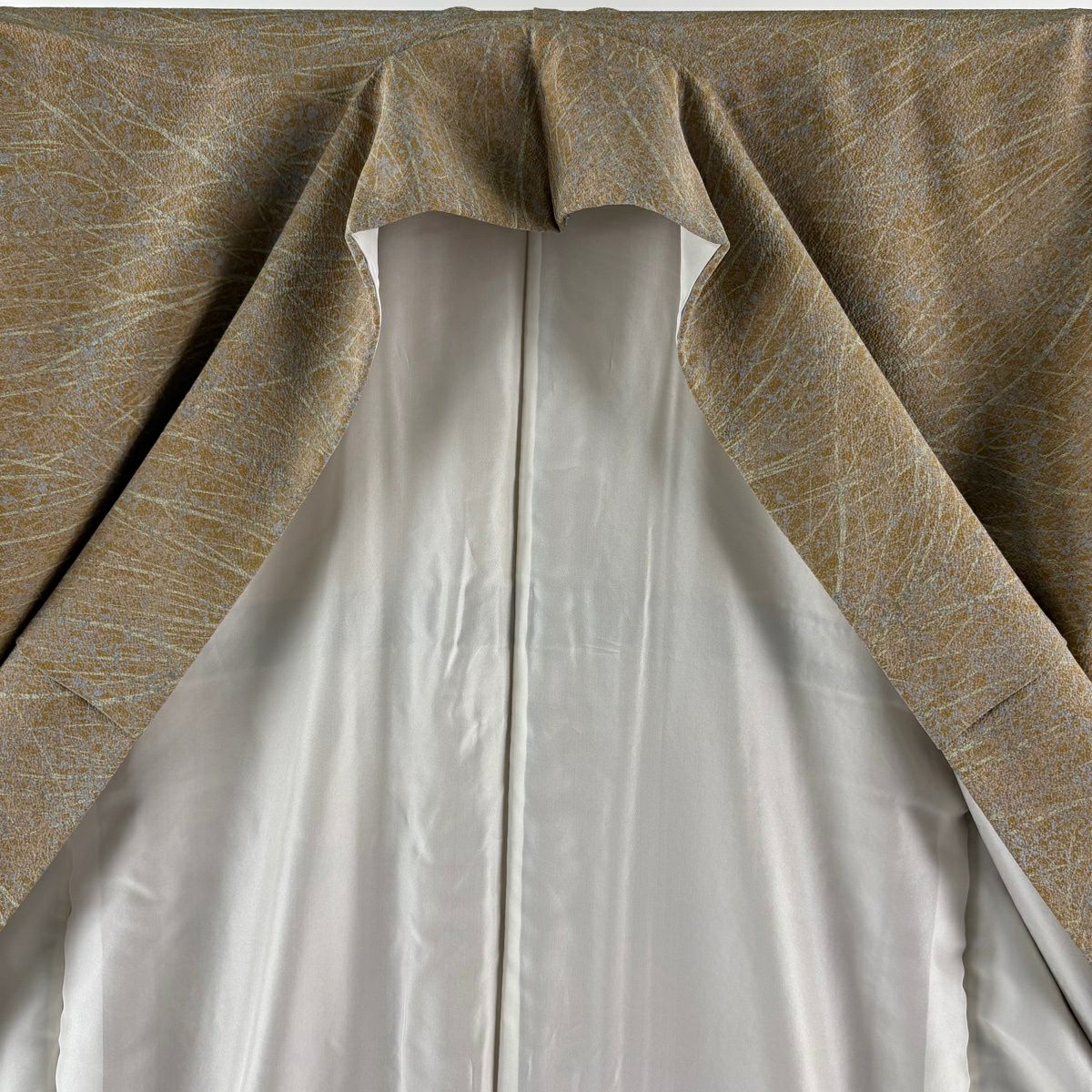 【美品】 付下 身長168cm 袖長68.5cm L 雙層 袋帶名古屋帶套裝 葉紋 幾何圖案 漸層 黃土色 純蠶絲 優品級 一個紋
