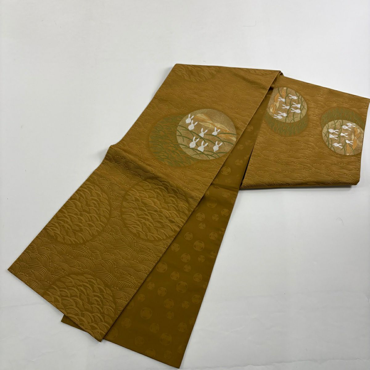 【美品】 付下 身長168cm 袖長68.5cm L 雙層 袋帶名古屋帶套裝 葉紋 幾何圖案 漸層 黃土色 純蠶絲 優品級 一個紋