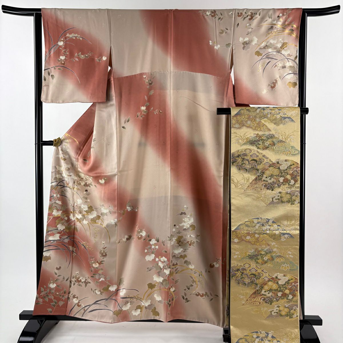 【美品】訪問服 身長160cm 袖長64cm M 雙層 菊花 稻穗 金絲 金銀彩 粉紅 純蠶絲 秀品級