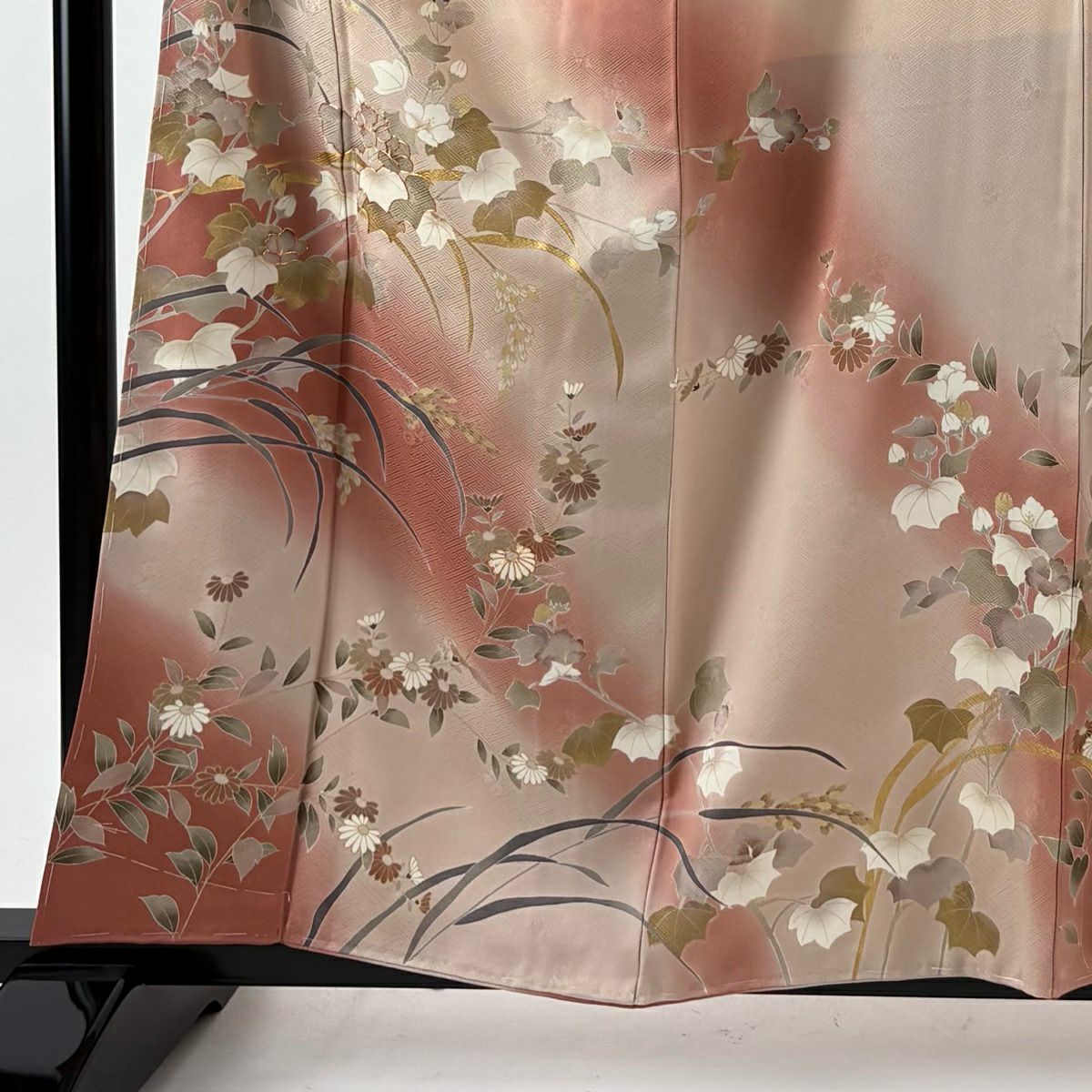 【美品】訪問服 身長160cm 袖長64cm M 雙層 菊花 稻穗 金絲 金銀彩 粉紅 純蠶絲 秀品級