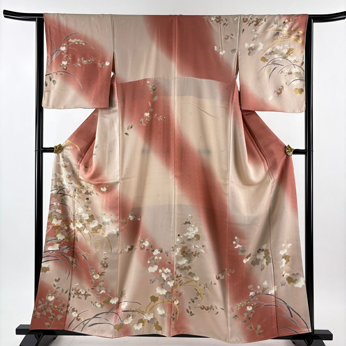 【美品】訪問服 身長160cm 袖長64cm M 雙層 菊花 稻穗 金絲 金銀彩 粉紅 純蠶絲 秀品級