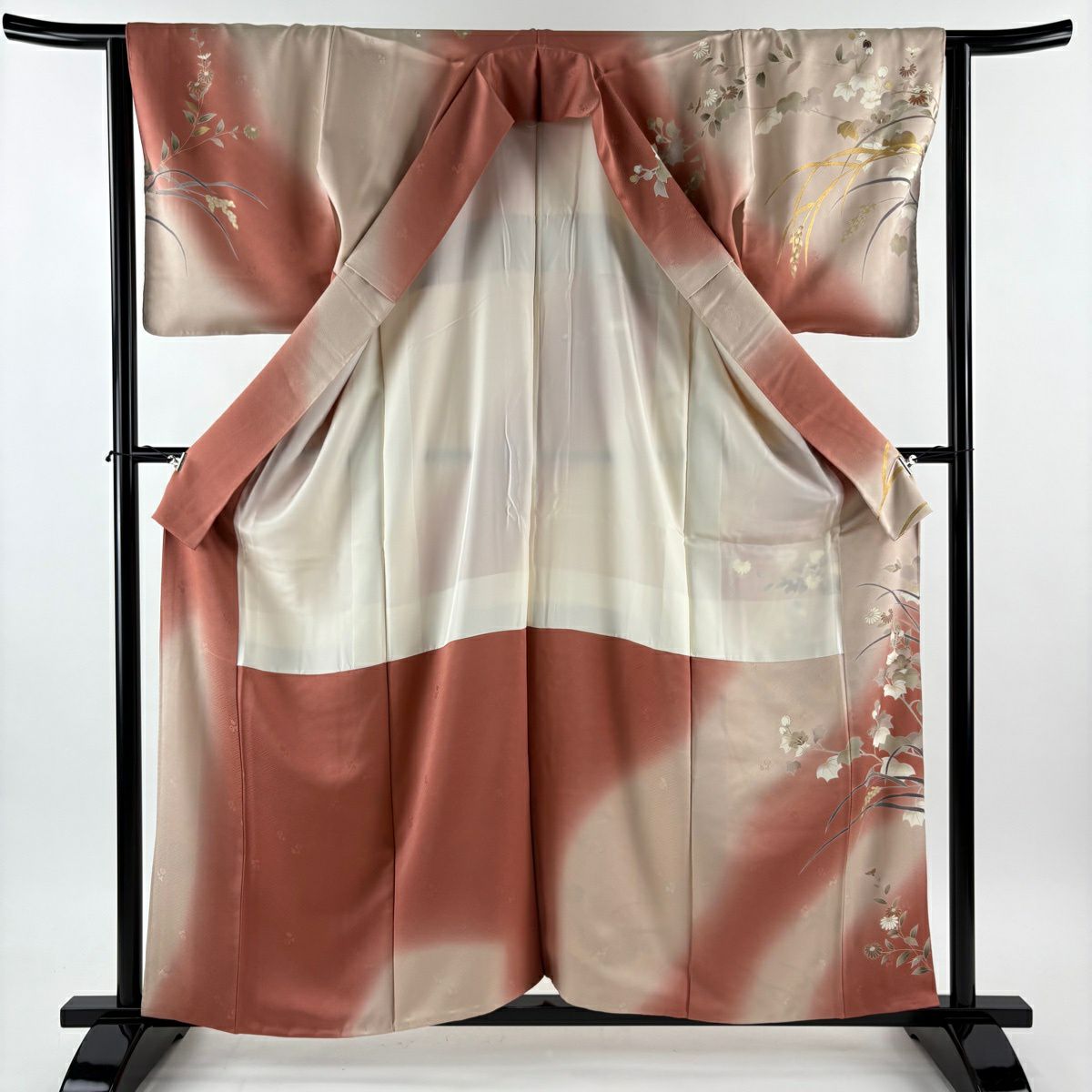 【美品】訪問服 身長160cm 袖長64cm M 雙層 菊花 稻穗 金絲 金銀彩 粉紅 純蠶絲 秀品級